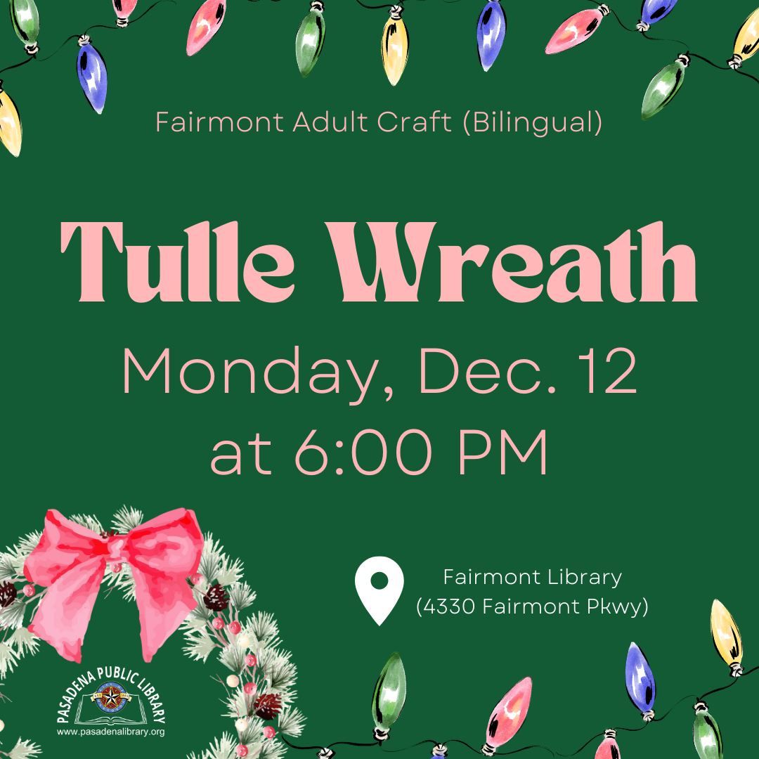 Get ready for Christmas with a cute tulle wreath, all supplies will be provided.  Please note: Space is limited for adult programs and are first come, first served, while supplies last.