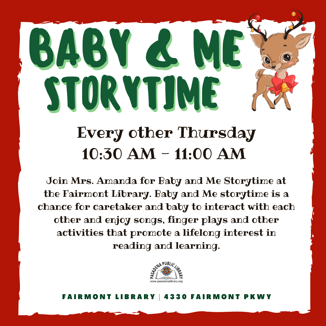 Join Ms. Amanda for a Baby and Me Storytime at the Fairmont Library in the Meeting Room. Baby and Me storytimes are a chance for caretaker and baby to interact with each other and storytelling experiences.