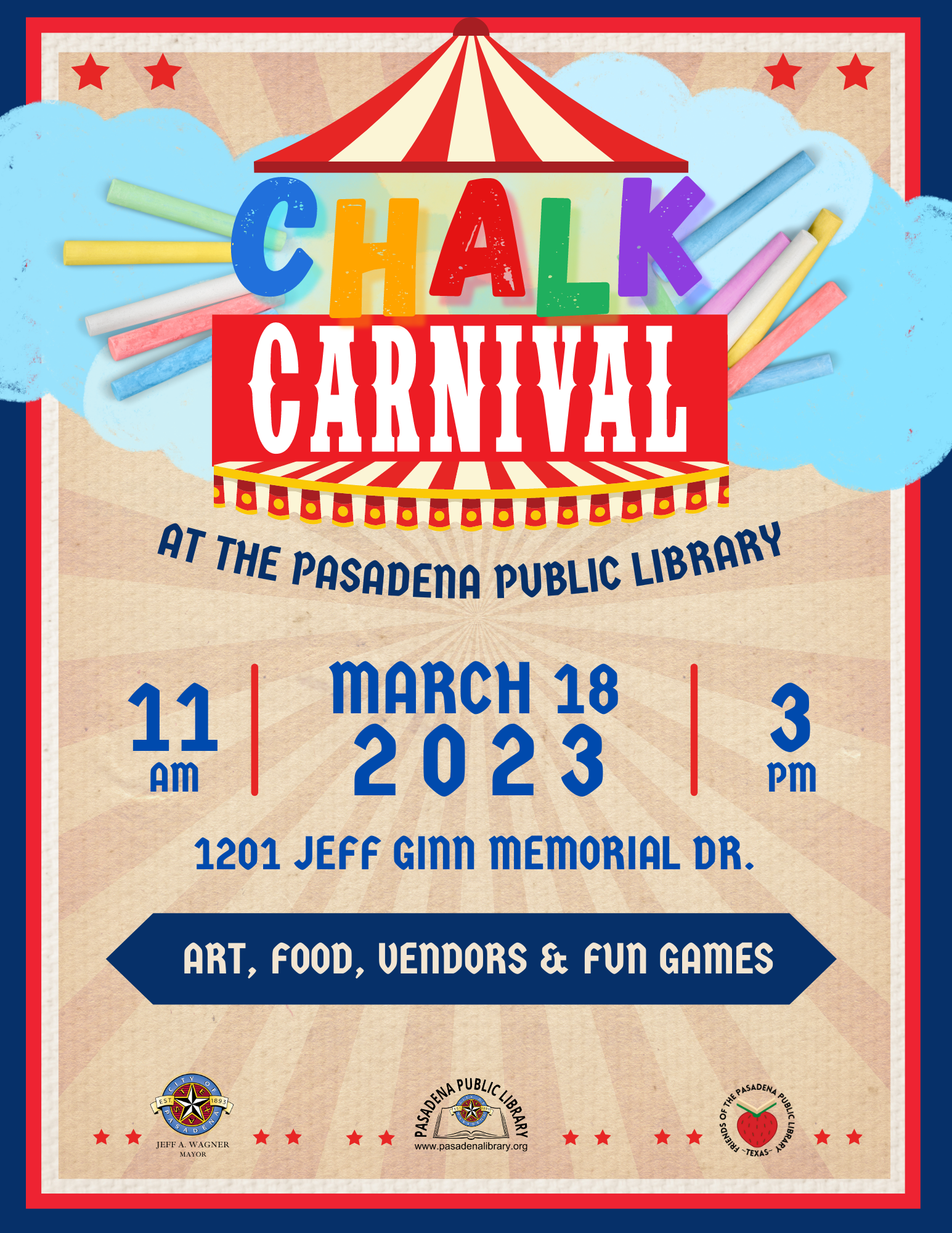 Our annual carnival is just around the corner and this year we're taking it outside! We're kicking off the Spring season with our first-ever Chalk Carnival with art being created in the front parking lot of Central Library.