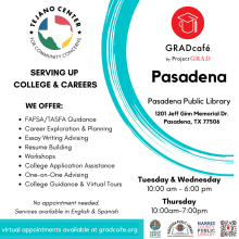 GRADcafé  Need help with your Financial Aid application? GRADcafé will be at Central Library for in-person advising Tuesdays and Wednesdays 10:00AM to 6:00PM and Thursdays 10:00AM to 7:00PM.