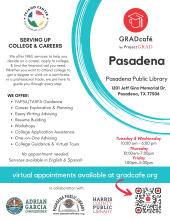 Need help with your Financial Aid application? GRADcafé will be at Central Library for in-person advising Tuesdays and Wednesdays 10:00AM to 6:00PM, Thursdays 10:00AM to 7:00PM, and Fridays 1:00 PM to 5:00 PM.  